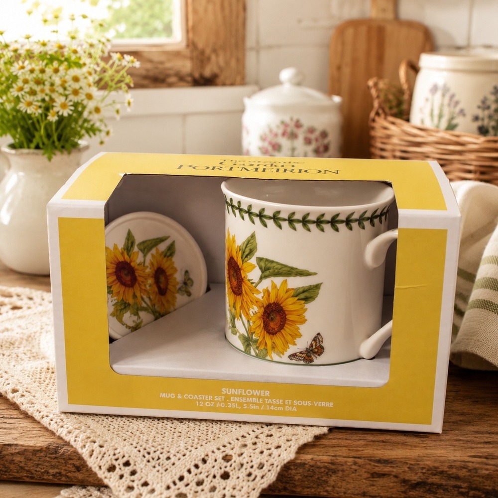 Portmeirion Botanic Garden Sunflower Mug and Coaster Set 12oz Ceramic New in Box